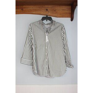 Chicos Womens Non-Iron Striped Button-Down Shirt 14 White/Olive 3/4 Sleeves NWT
